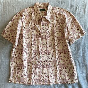 Orvis Shirt Mens XL Tan Warli Art Tribe Village Life Short Sleeve Button Up AOP